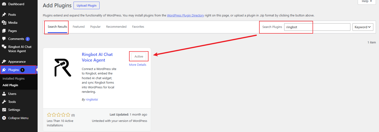 Search and install Ringbot plugin in WordPress